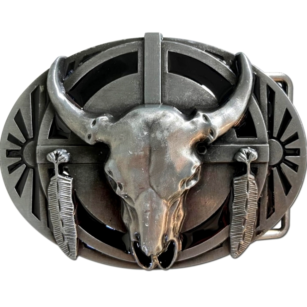 New Native American feather longhorn steer belt buckle.  Brass color available